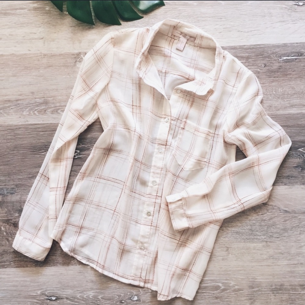 Window Pane Semi Sheer Button Down Pocket Blouse